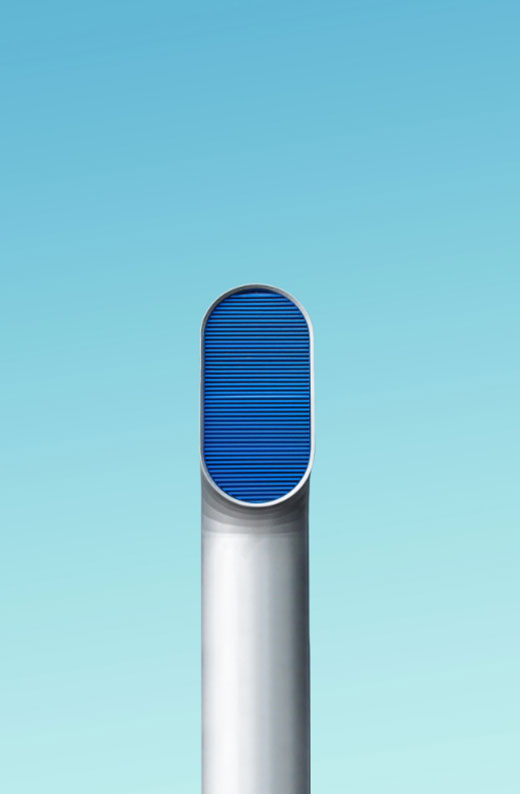 A tall silver exhaust pipe with a blue filter at the top. A filter that BMB Filtration may provide.